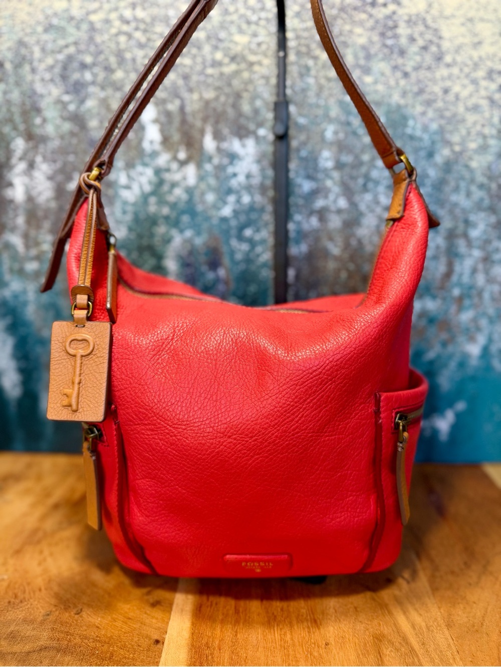 Fossil Rare Boho 2010s Emerson Crimson Red Pebbled Leather Hobo Bag - Picture 4 of 13